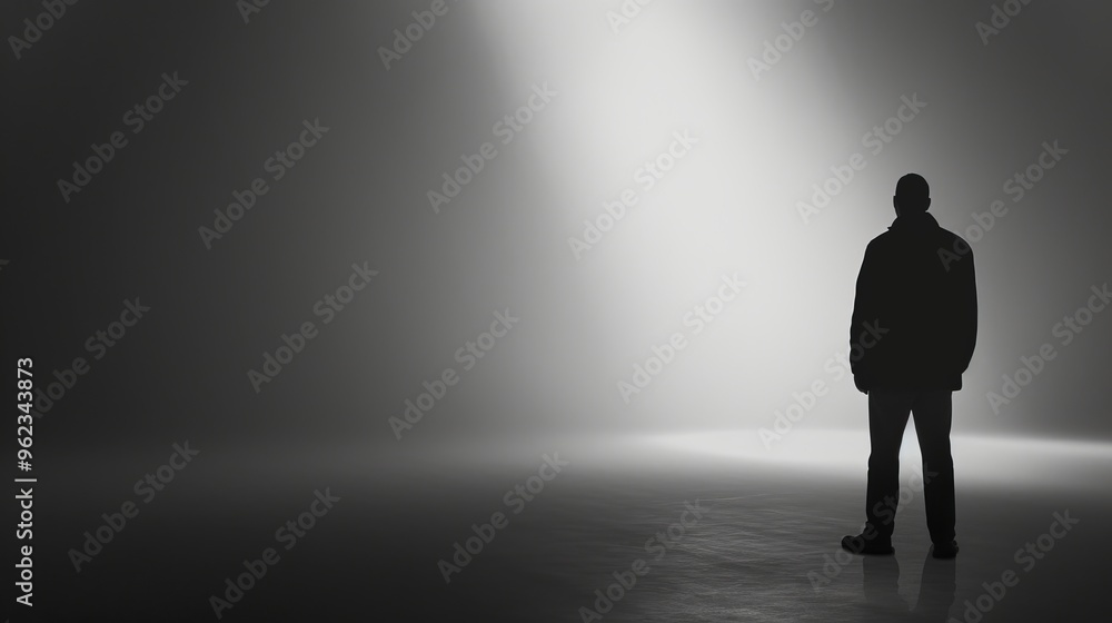 Obraz premium A man stands alone, illuminated by a spotlight in an otherwise dark and empty space. The stark contrast between light and shadow highlights themes of solitude, contemplation, and the weight of