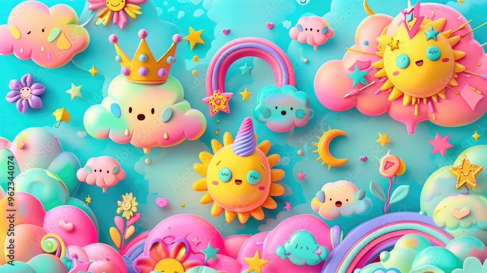 Obraz premium A bright and cheerful sky with clouds, sun, and stars