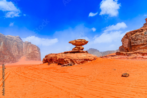 Wadi Rum Desert, Jordan.: Landscape of a mushrom rocky formation in the red desert Valley of the moon. Central Asia travel destination