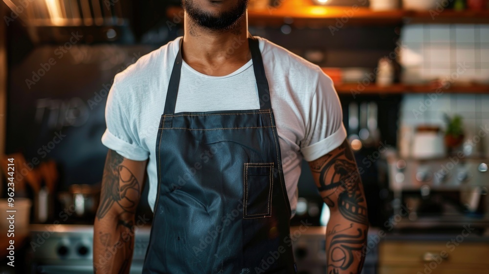 A person wearing an apron stands in a kitchen, ready to cook or prepare food A person wearing an apron stands in a kitchen, ready to cook or prepare food