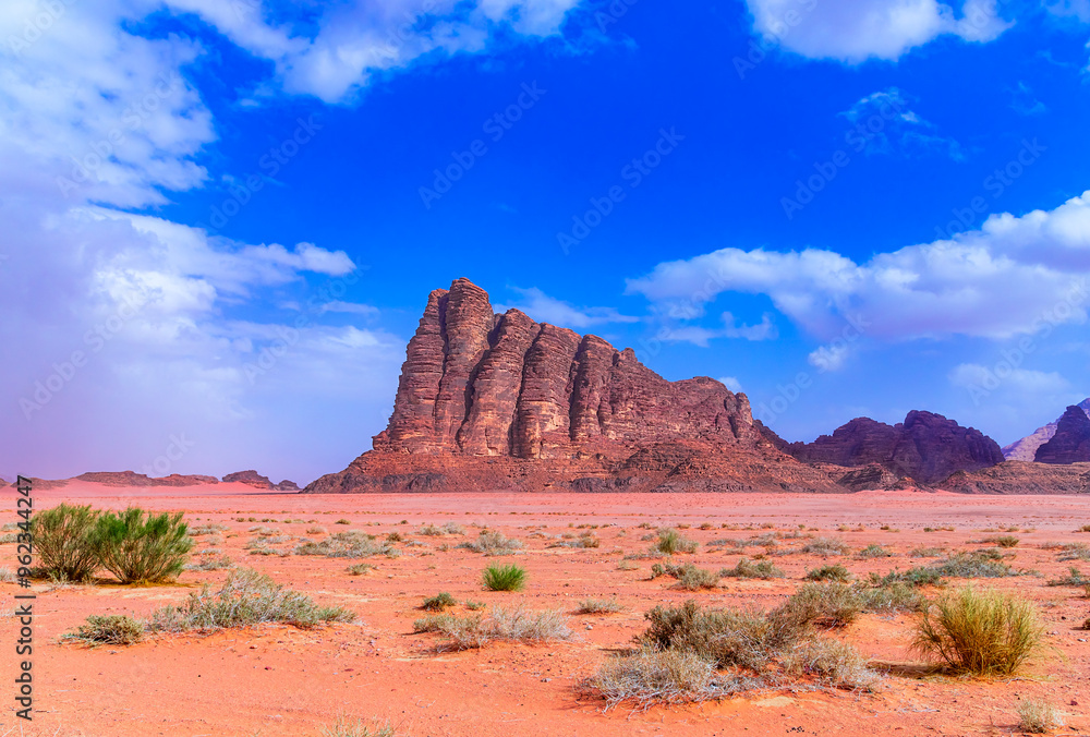 Wadi Rum, Jordan: The Seven Pillars of Wisdom in the Valley of the Moon, Arabia desert. Central Asia travel destination Wadi Rum, Jordan: The Seven Pillars of Wisdom in the Valley of the Moon, Arabia desert. Central Asia travel destination