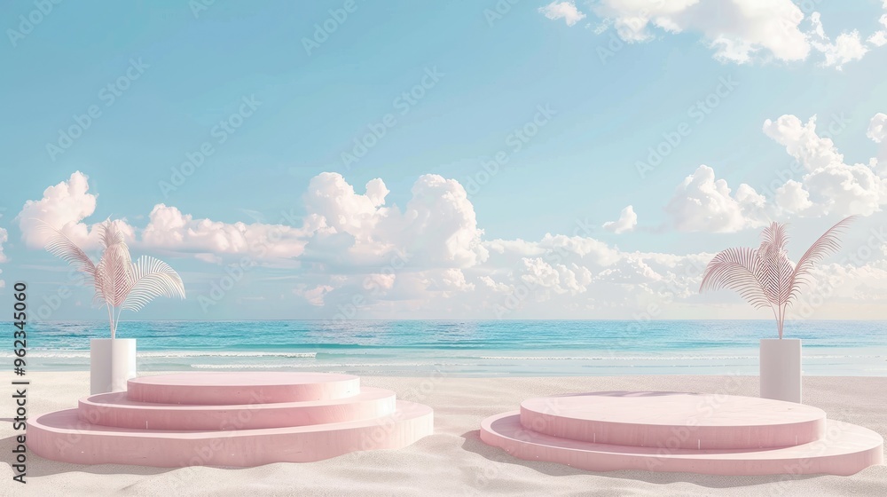 Obraz premium Podiums on sandy beach with decoration and space for design, set against ocean and sky backdrop. Suitable for promoting summer vacations.