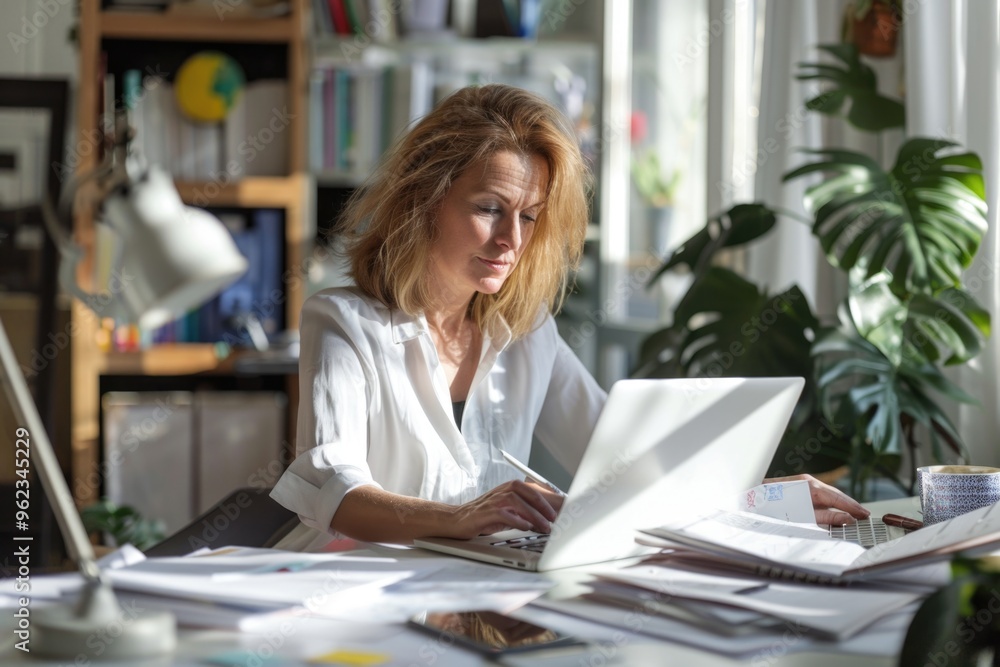 A person sitting at a desk with a laptop, suitable for business and office use A person sitting at a desk with a laptop, suitable for business and office use