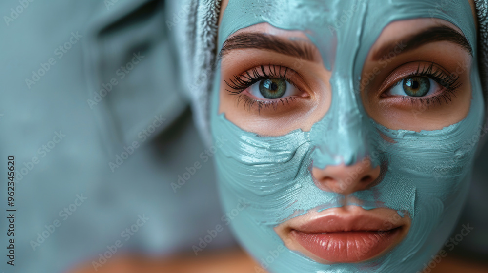 woman with facial clay mask at beauty salon 