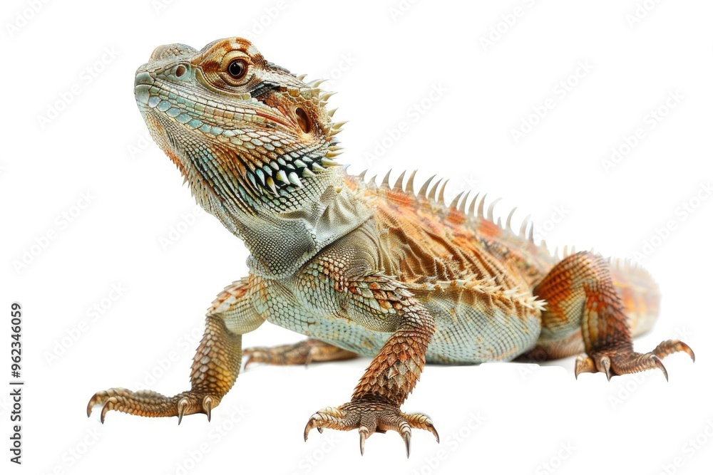 Obraz premium A bearded lizard perches on a white surface, looking alert and aware