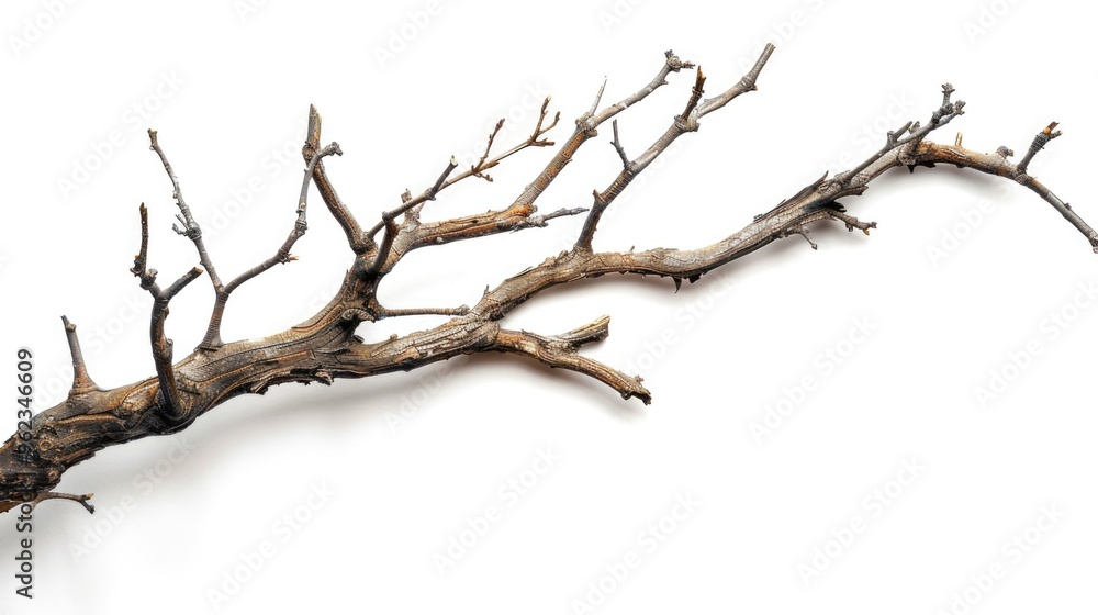 Fototapeta premium A single dead tree branch lying on a white surface