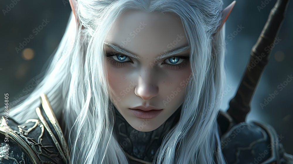 Portrait of a fantasy dark elf female warrior with white long hair. 3d ...