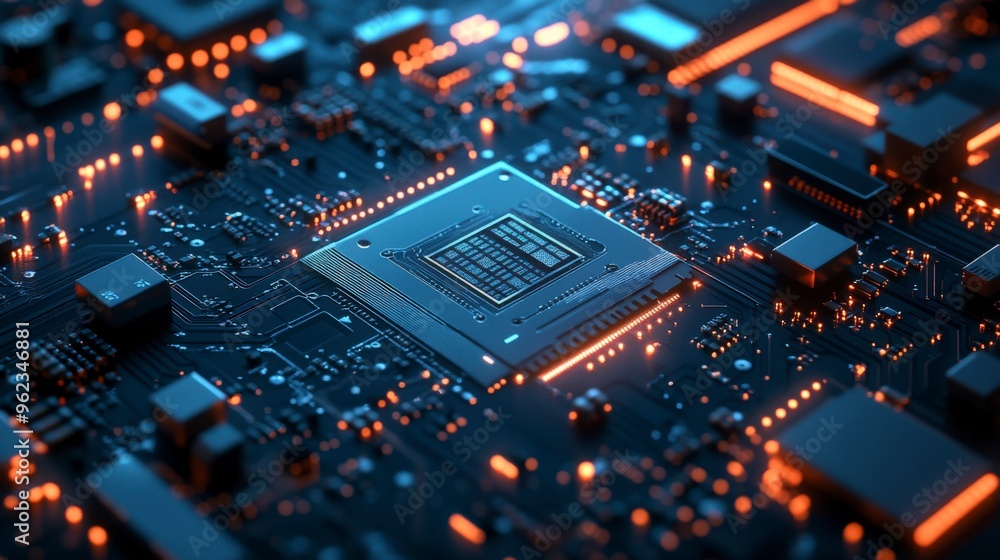 Futuristic Digital Network Circuit Board in Blue and Black Futuristic Digital Network Circuit Board in Blue and Black