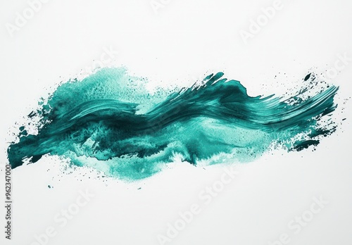 Teal wine ink with brush strokes and paint splashes on white background, minimalistic.