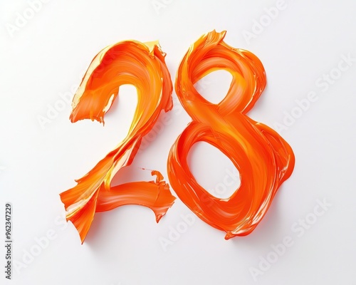 Sunset orange liquid creating the number 28 against a white background with soft shadows. photo