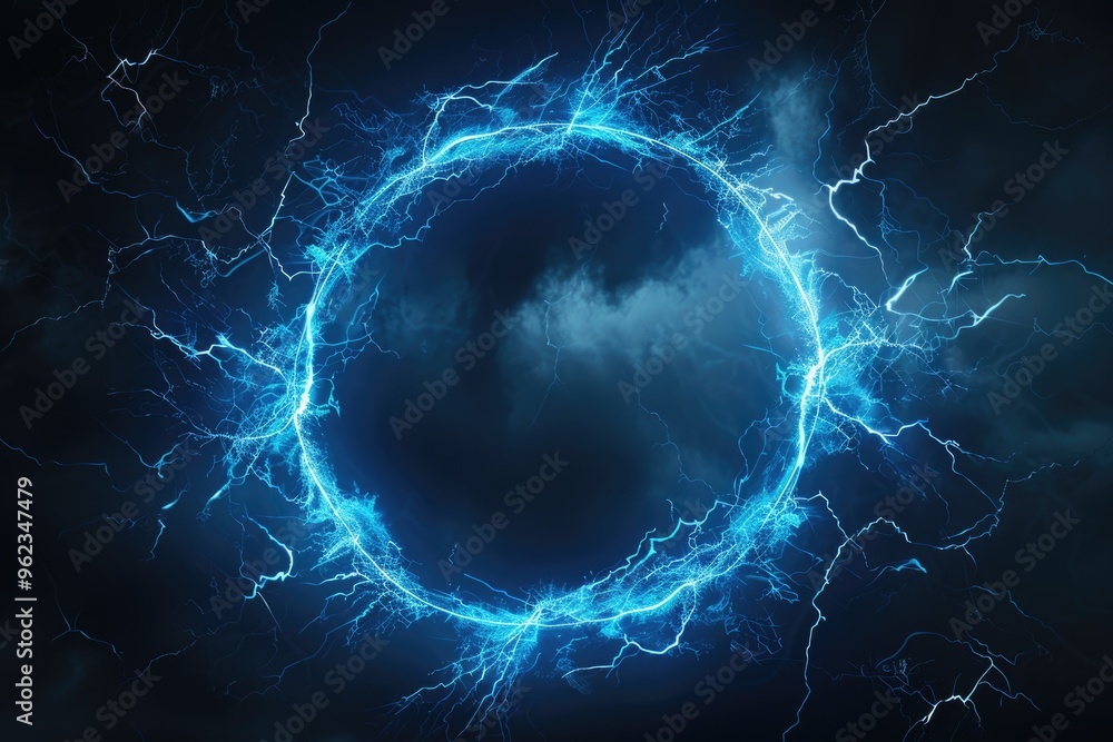 A circle of blue lightning on a cloudy sky A circle of blue lightning on a cloudy sky