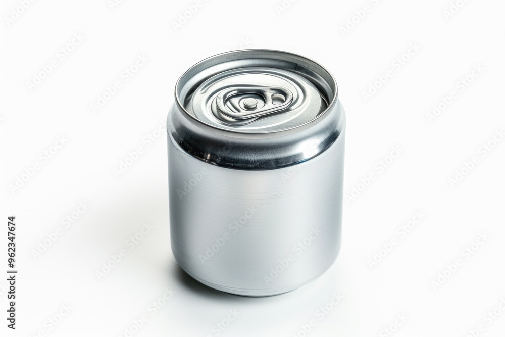 A single can of soda sitting on a clean white surface A single can of soda sitting on a clean white surface