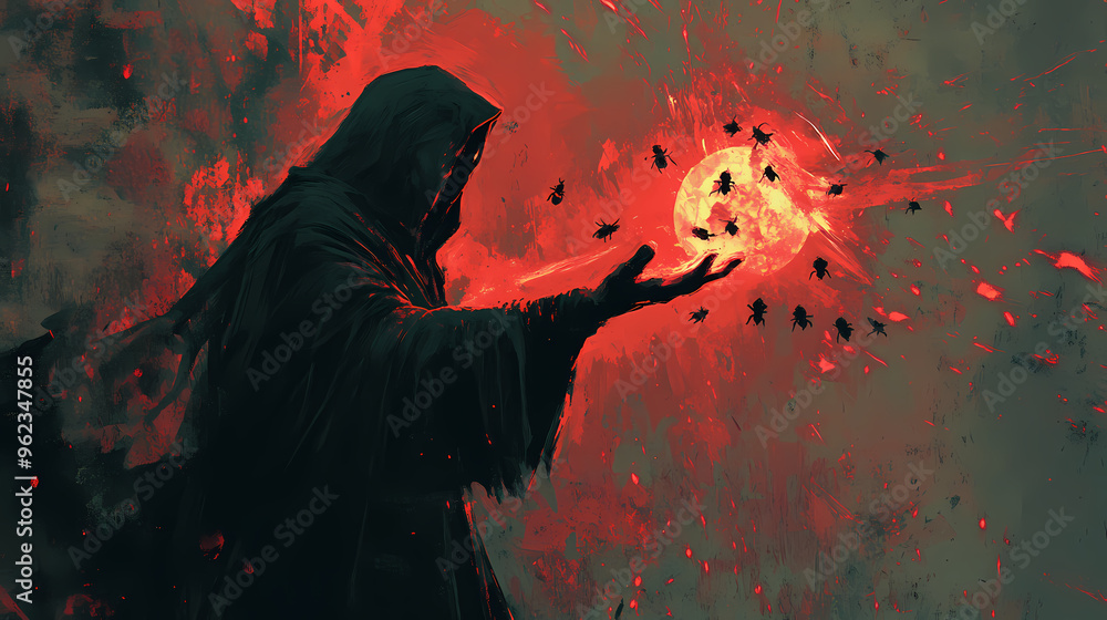 Evil sorcerer casting a spell to release the black insects from his hands, digital art style, illustration painting. Sorcerer. Illustration Evil sorcerer casting a spell to release the black insects from his hands, digital art style, illustration painting. Sorcerer. Illustration
