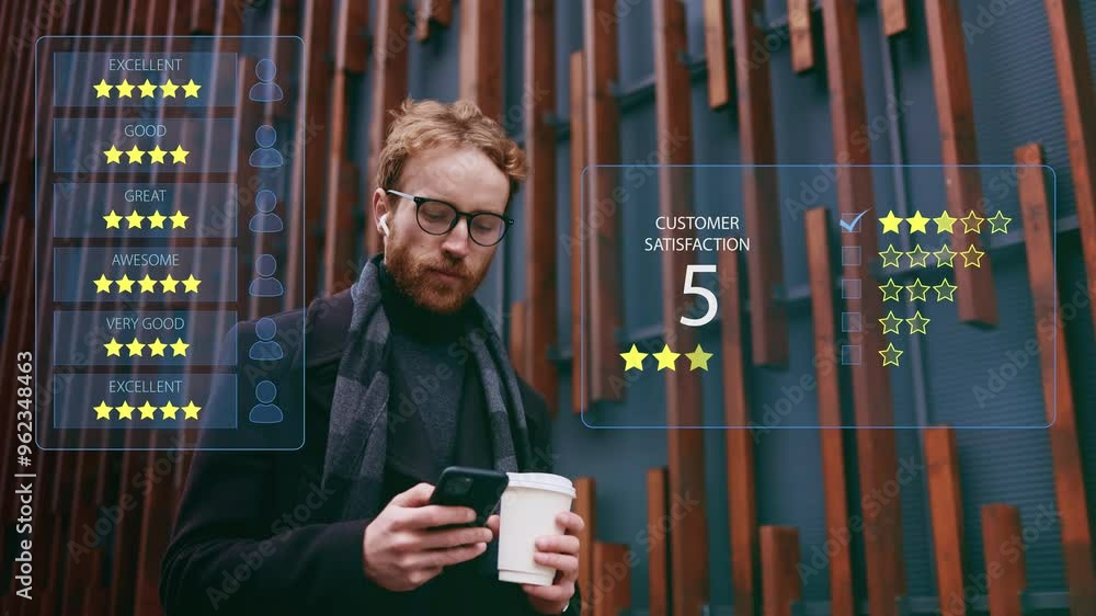 Stylish red-haired man with a smartphone, assessing the quality of service, store, services on the Internet and social networks. Ratings and customer service satisfaction. Feedback Assessment App