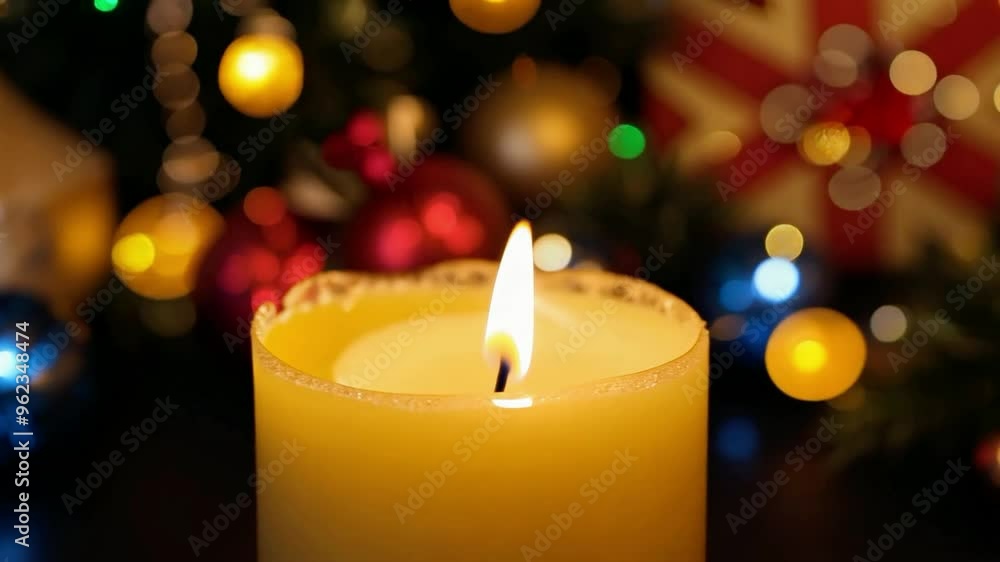 Cozy candle burning beside decorations during holiday season celebrations Cozy candle burning beside decorations during holiday season celebrations