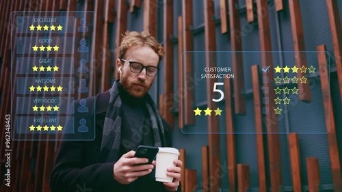 Stylish red-haired man with a smartphone, assessing the quality of service, store, services on the Internet and social networks. Ratings and customer service satisfaction. Feedback Assessment App