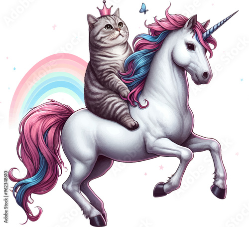 cute cartoon magic cat riding a unicorn in the clouds and rainbow