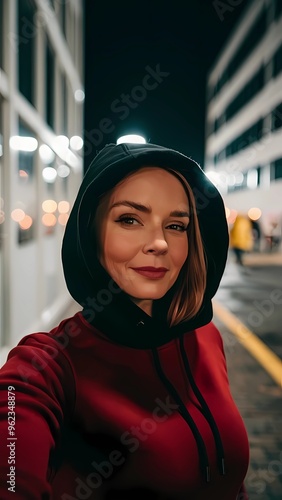 A selfie of a red woman wearing a black hood. She is standing against a night urban background with bright lights. Thebackground contains tall buildings with windows. 