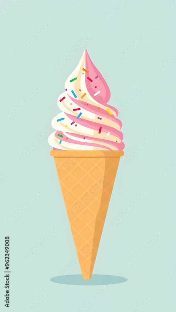 Colorful ice cream cone with pink and white swirl and sprinkles on top Colorful ice cream cone with pink and white swirl and sprinkles on top