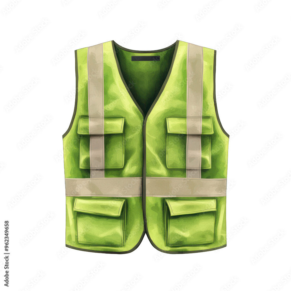 Naklejka premium Bright safety vest with reflective stripes, ideal for construction and outdoor activities, providing visibility and protection. watercolor style