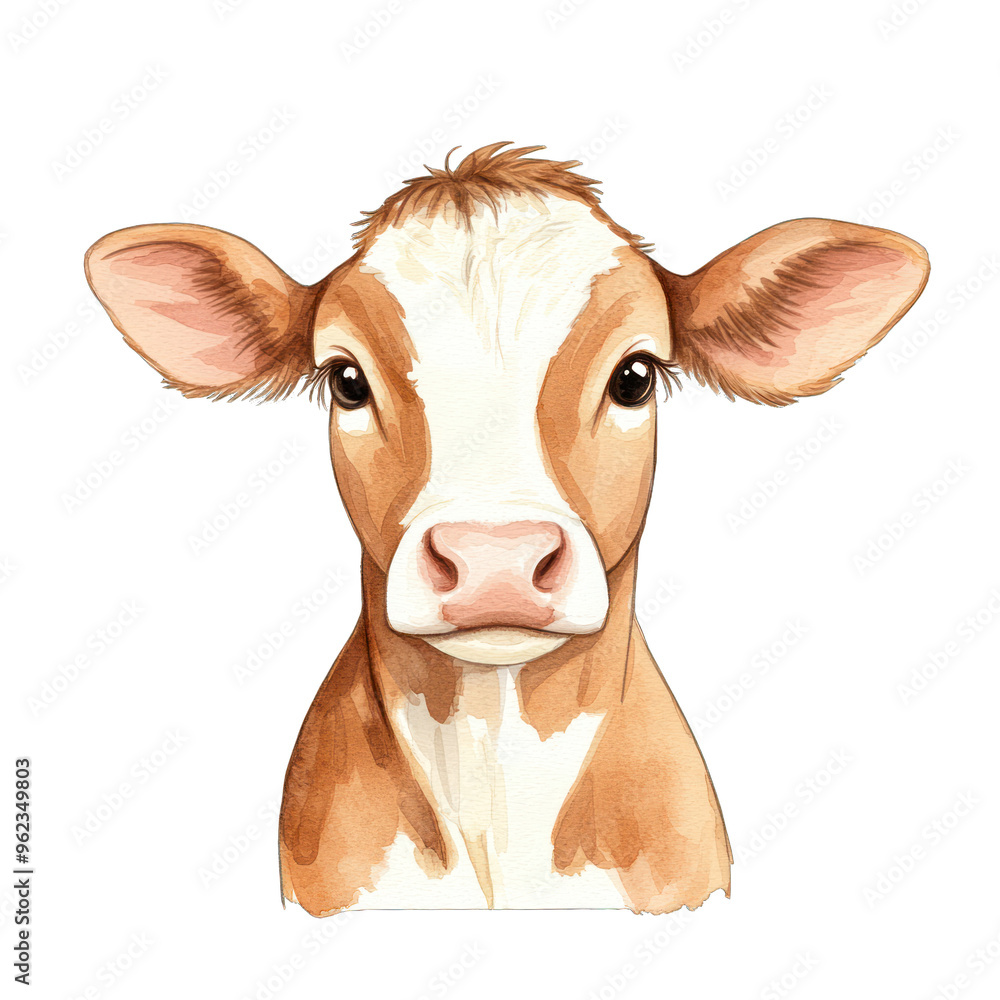 Charming illustration of a cow's face, showcasing its gentle expression and distinctive features. watercolor style Charming illustration of a cow's face, showcasing its gentle expression and distinctive features. watercolor style