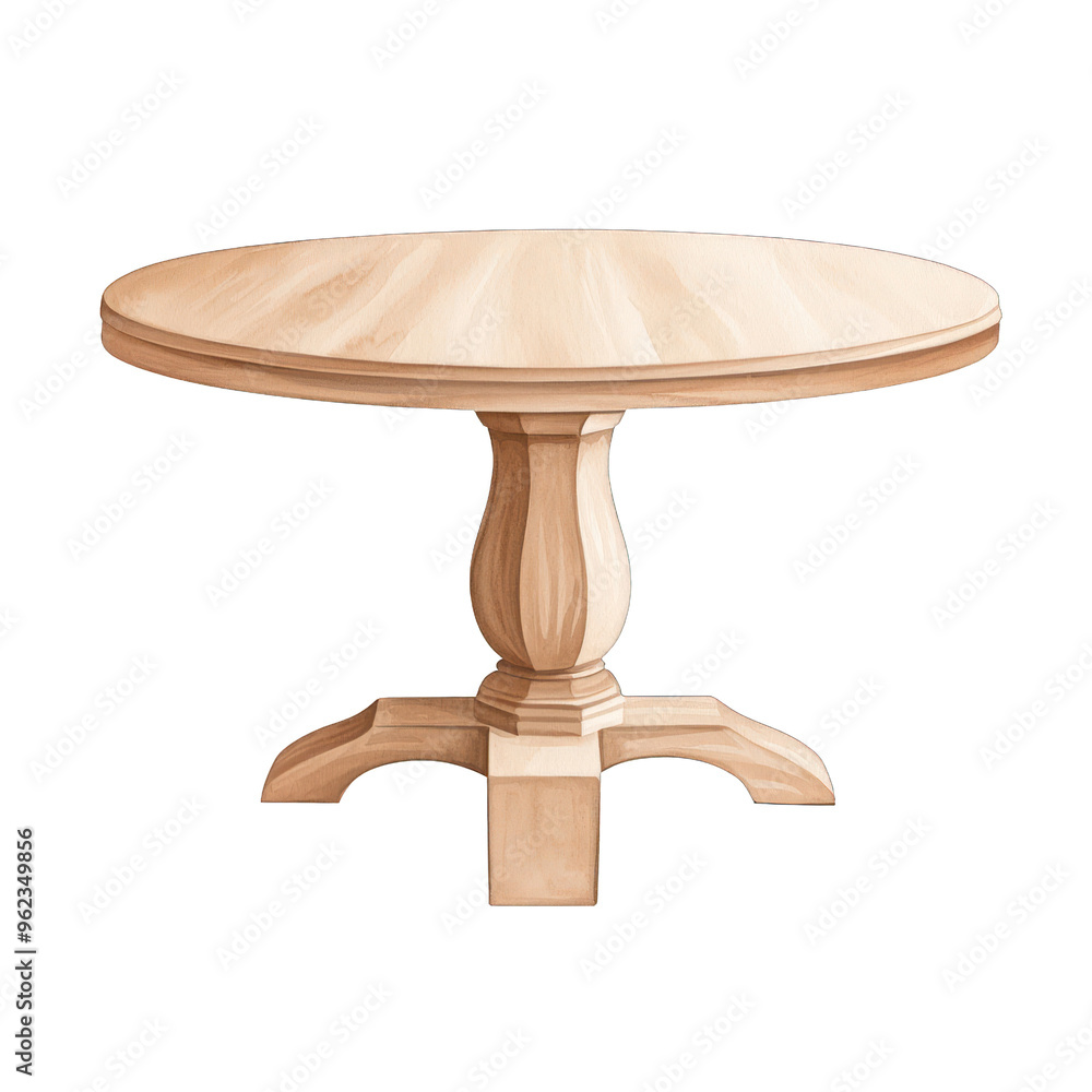 Classic round wooden table with a sturdy pedestal base, perfect for dining and gatherings in any interior setting. watercolor style Classic round wooden table with a sturdy pedestal base, perfect for dining and gatherings in any interior setting. watercolor style