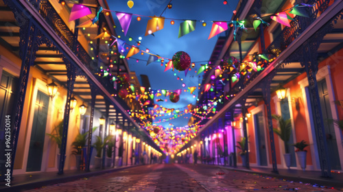 Festive Mardi Gras Street Decorations at Night