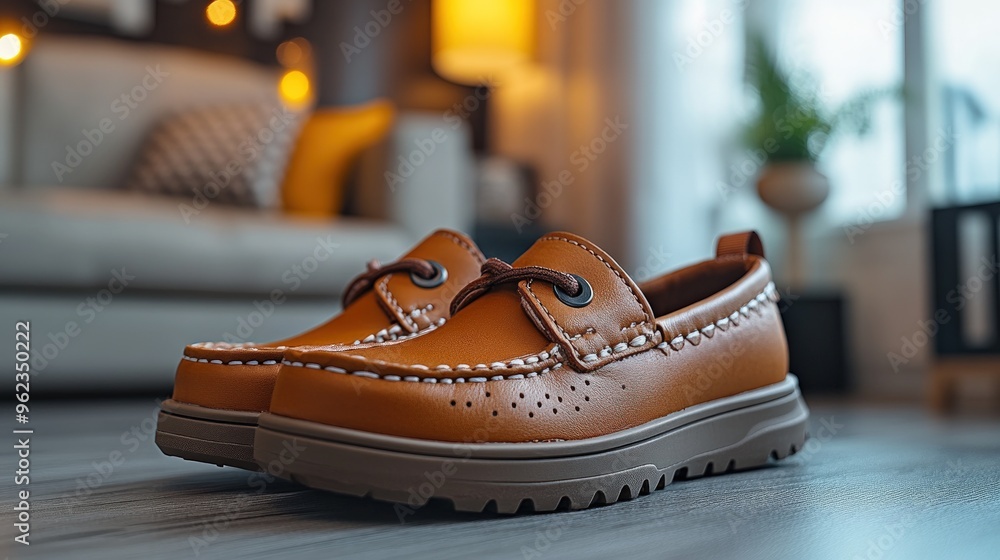 Brown leather shoes on a wooden floor in a living room. Brown leather shoes on a wooden floor in a living room.