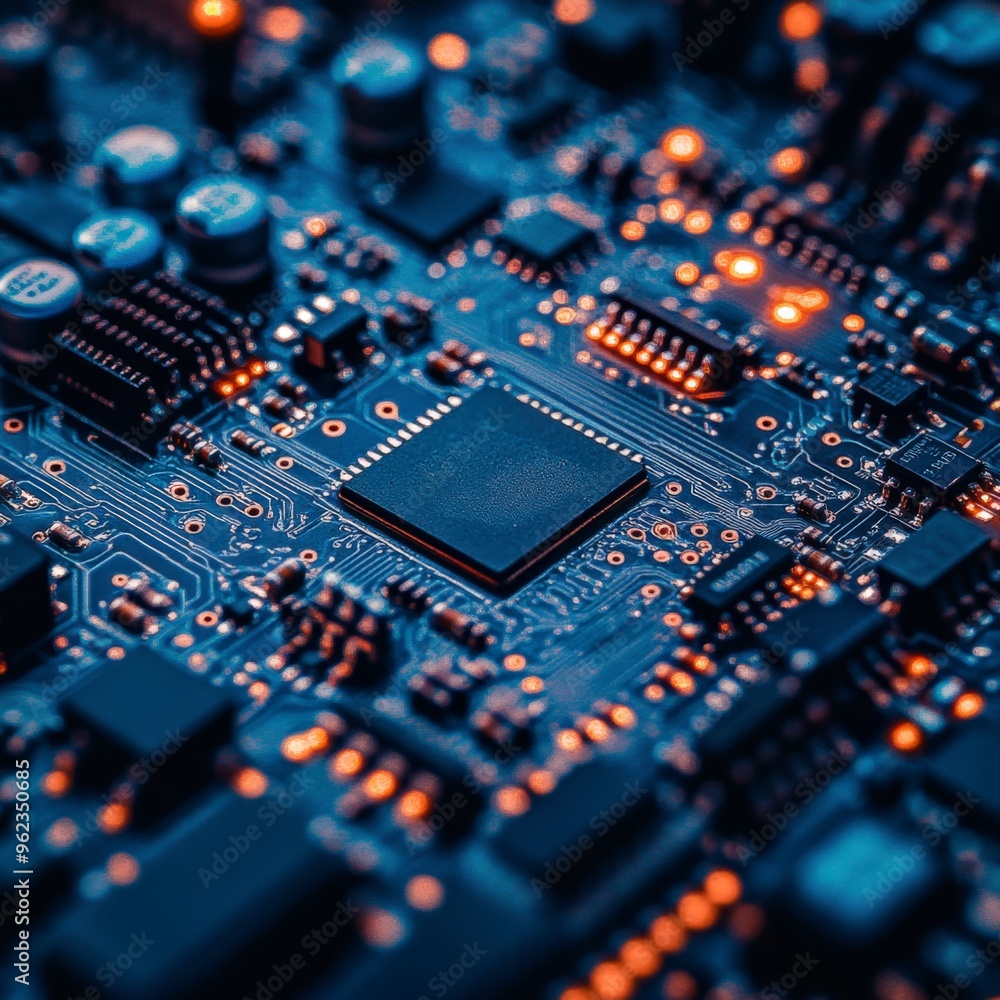 Futuristic Digital Network Circuit Board in Blue and Black Futuristic Digital Network Circuit Board in Blue and Black