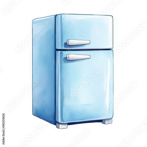 Illustration of a vintage blue refrigerator, showcasing a classic design ideal for retro-themed kitchens and interiors. watercolor style