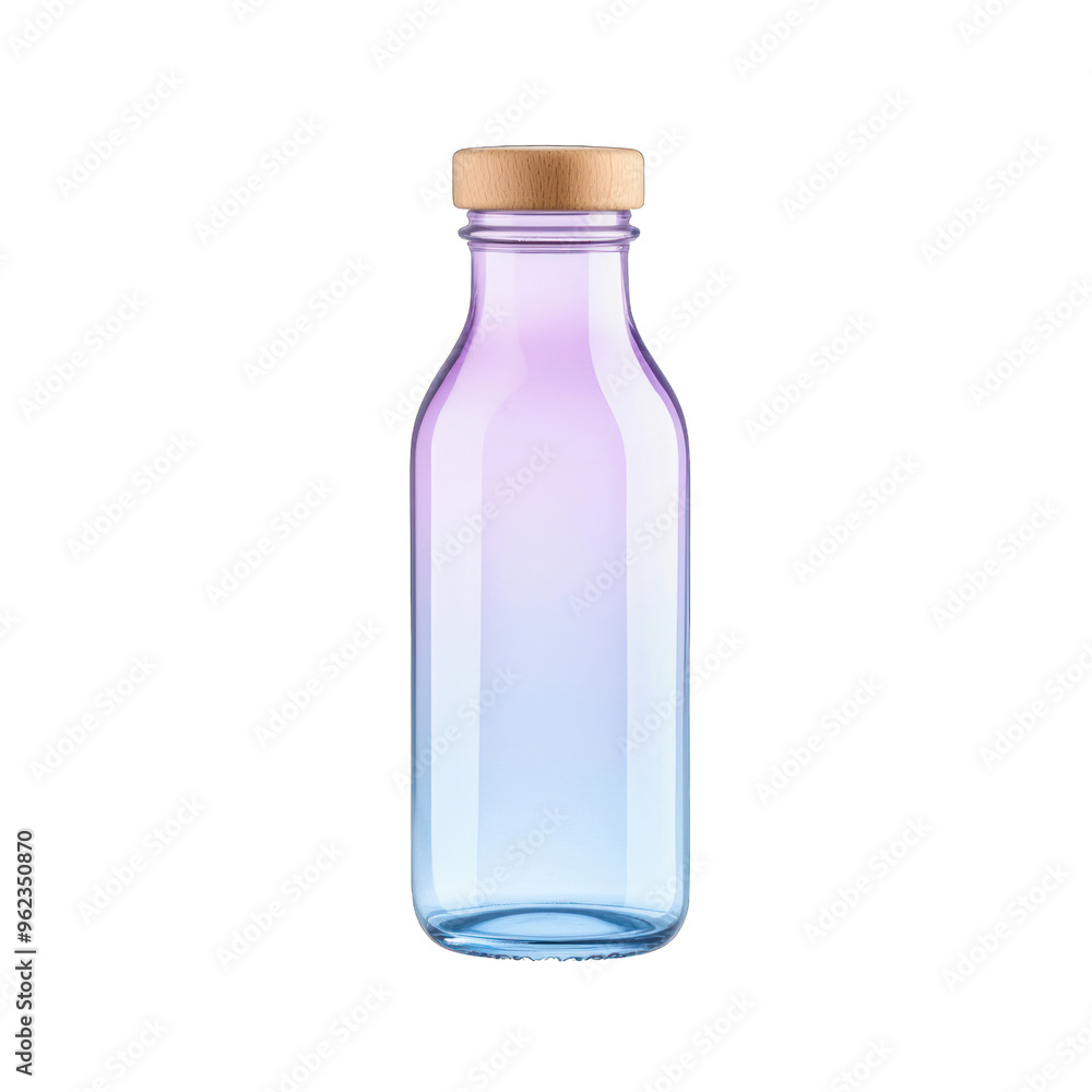 Stylish glass bottle with a wooden cap, featuring a gradient design of purple and blue hues, perfect for beverages and presentations. watercolor style Stylish glass bottle with a wooden cap, featuring a gradient design of purple and blue hues, perfect for beverages and presentations. watercolor style