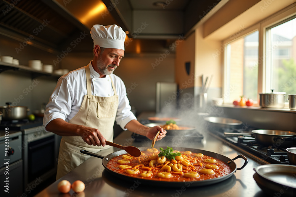 Chef prepares seafood paella in commercial kitchen Chef prepares seafood paella in commercial kitchen
