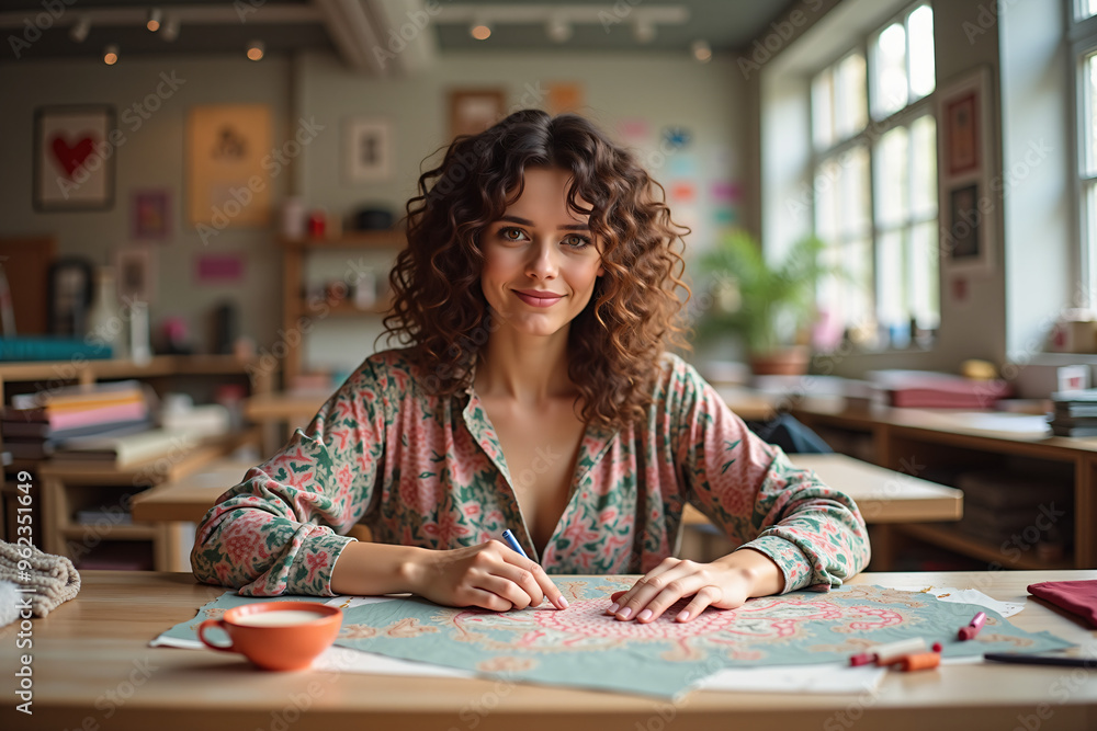Young woman designer creating pattern on silk fabric in modern studio Young woman designer creating pattern on silk fabric in modern studio