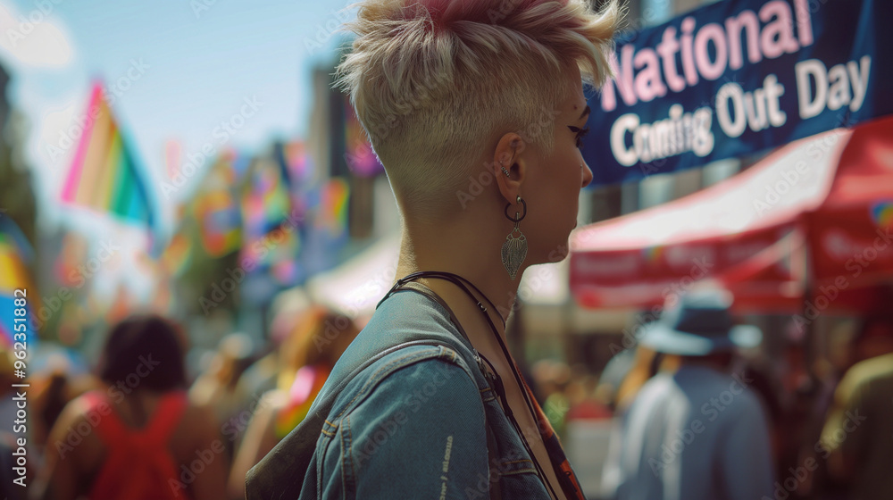 Person with stylish short hair at a National Coming Out Day celebration. Person with stylish short hair at a National Coming Out Day celebration.
