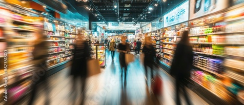 Blurred Motion of Shoppers in a Well-Lit Supermarket Aisle