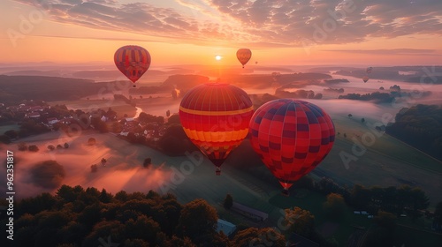 Multicolored balloon party in the skies of a town at sunset.