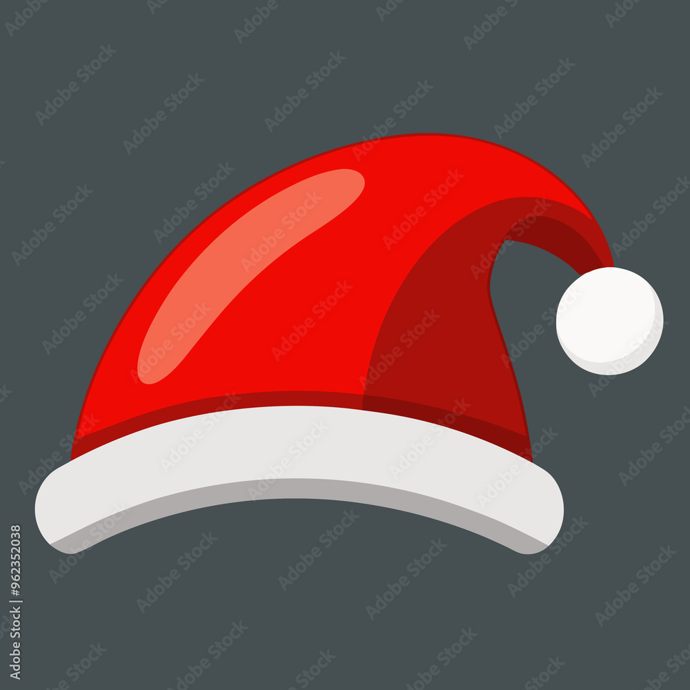 A red Santa hat with a fluffy white pom pom on a gray background A red Santa hat with a fluffy white pom pom on a gray background