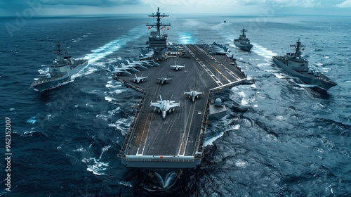 An aircraft carrier with its planes ready to take off and its escort ships in the ocean