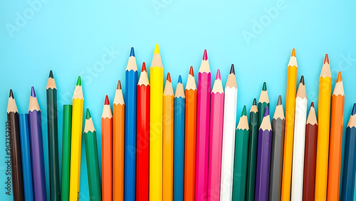 A vibrant collection of colored pencils arranged on a blue background
