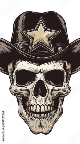 Skull of sheriff vector illustration. Head of police officer in hat with star 