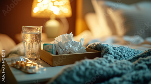 A cluttered nightstand with crumpled tissues, a box of tissues, medicine, and a glass of water. It sits next to a cozy bed with blankets, reflecting a comforting yet unwell atmosphere. photo