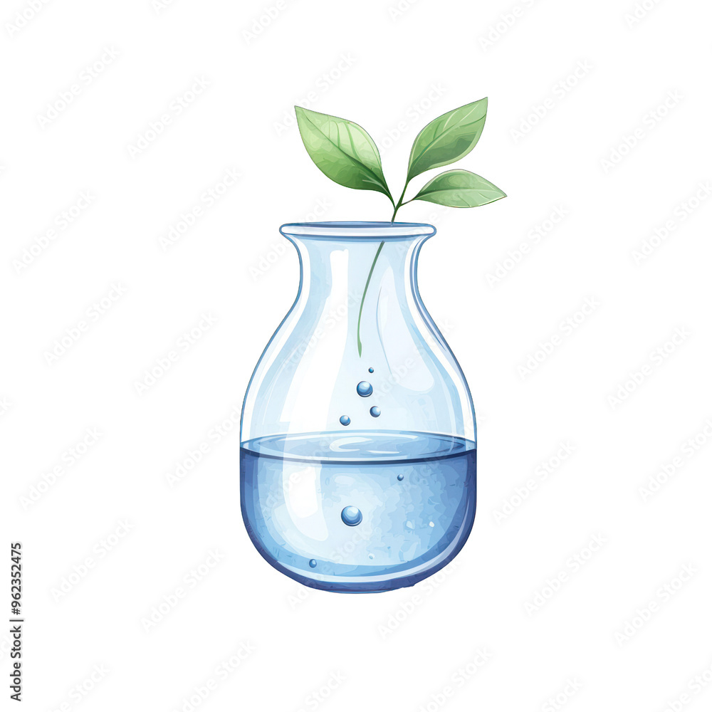 A clear laboratory flask with water and a green sprout, symbolizing growth and nature in scientific research. watercolor style A clear laboratory flask with water and a green sprout, symbolizing growth and nature in scientific research. watercolor style