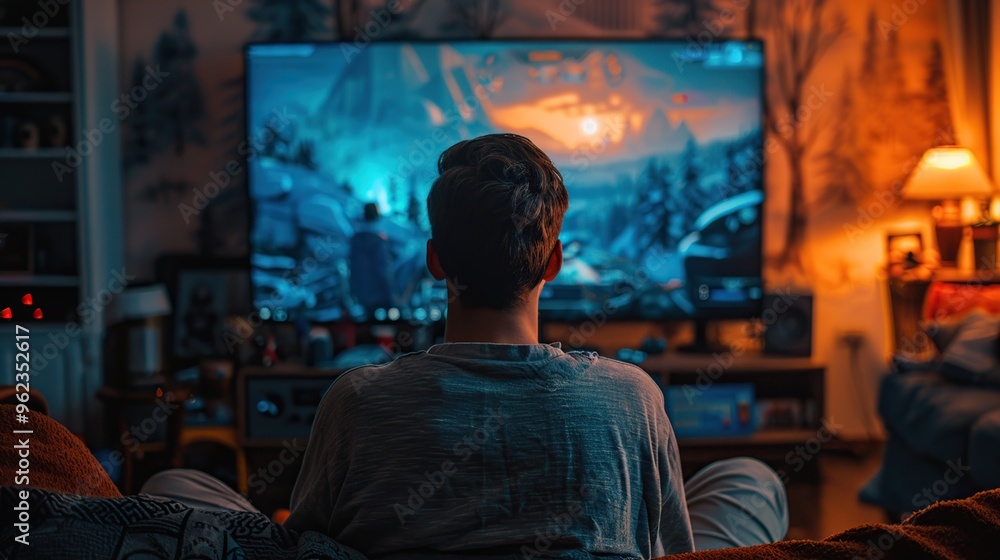 Man playing video game on his TV Man playing video game on his TV