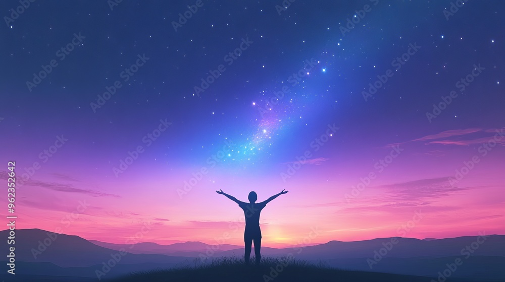 a person standing with open arms facing a starry sky, symbolizing emotional openness, self-reflection, and peace a person standing with open arms facing a starry sky, symbolizing emotional openness, self-reflection, and peace