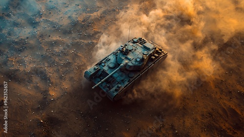 Aerial view of a military tank driving through a dusty desert landscape. photo