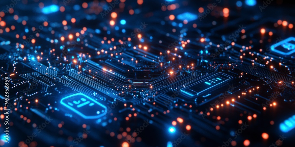 Futuristic Digital Network Circuit Board in Blue and Black Futuristic Digital Network Circuit Board in Blue and Black