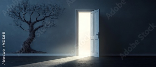 An Open Doorway Leading to Light in a Dark Room with a Tree on the Wall photo