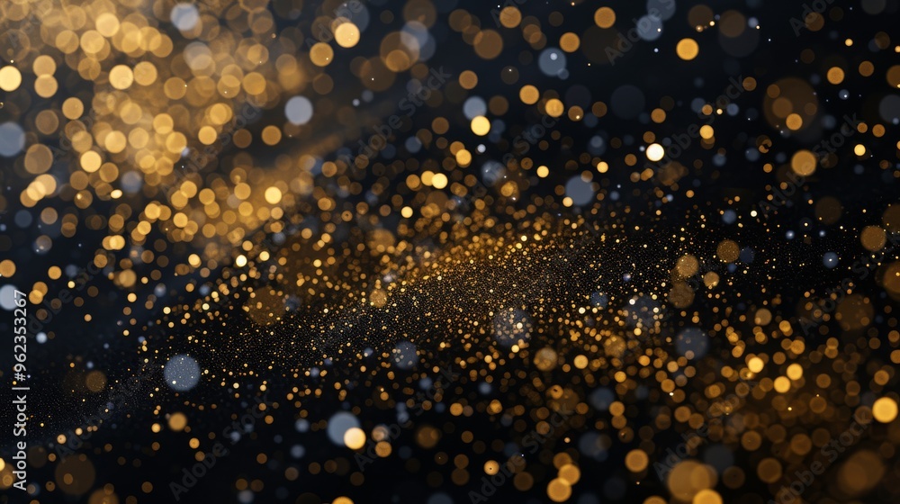 This image features a wave of golden particles flowing across a dark background. The bokeh effect and soft lighting create an elegant and luxurious mood, making it perfect for festive and celebratory This image features a wave of golden particles flowing across a dark background. The bokeh effect and soft lighting create an elegant and luxurious mood, making it perfect for festive and celebratory