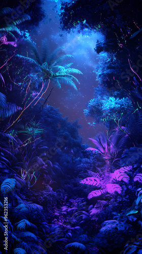 Surreal alien jungle with bioluminescent trees and vibrant glowing flora, illuminated with neon purple, blue, and pink hues, creating a mystical and otherworldly atmosphere photo