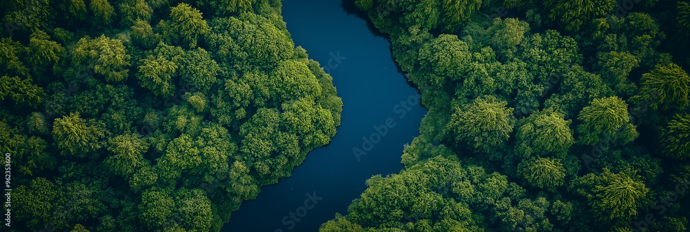 Aerial view of a winding twisty river and thick dense forest of green leafy trees. Banner Aerial view of a winding twisty river and thick dense forest of green leafy trees. Banner